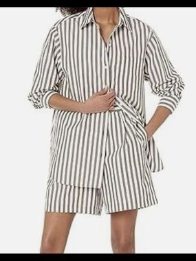 Black and White Vertical Stripe Button-Up Shirt with Matching Shorts